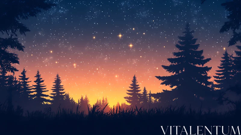 Forest Sunset with Stars and Silhouettes