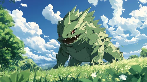 Spiky green monster prowls a bright summer meadow under clouds.