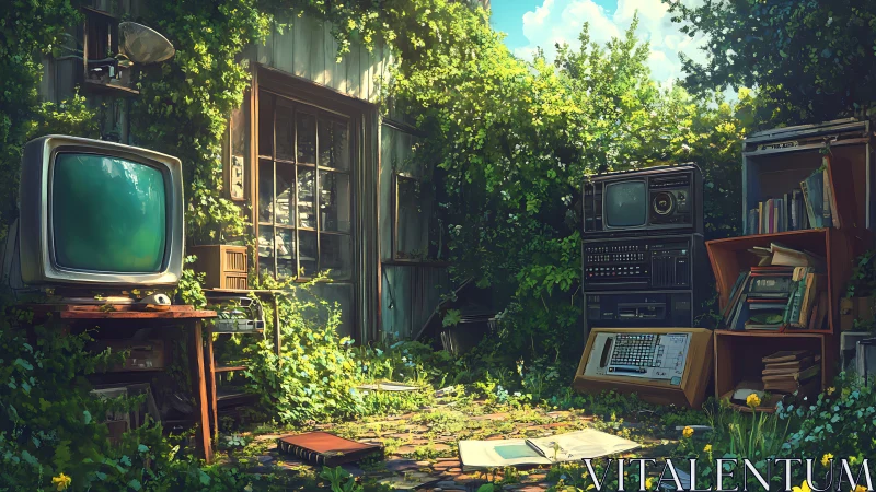 Overgrown courtyard with retro electronics and bookshelves.