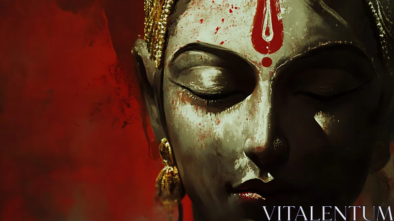 Serene deity portrait with red tilak on textured crimson field