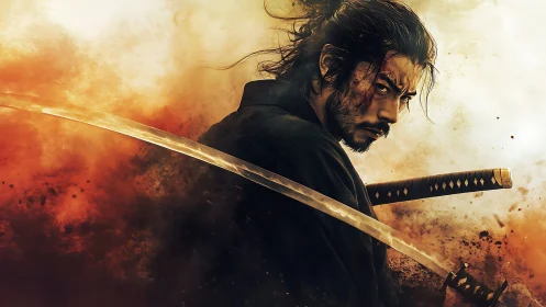 Samurai warrior with drawn katana in smoky battlefield scene.