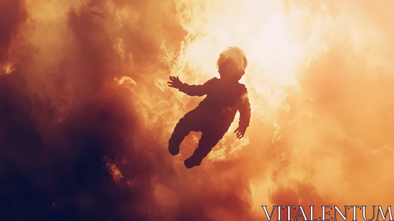 Sun-drenched skyfall child drifting through ember clouds.