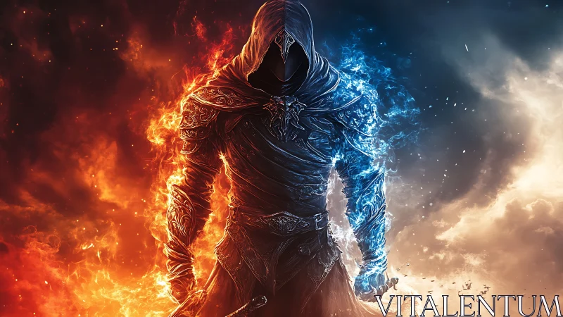 Hooded armored figure divides fire and ice energy fields