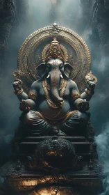Ganesha statue rendered with ornate gold halo and pedestal