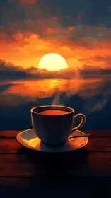 Sunlit coffee cup glows warmly beneath a painted sunrise