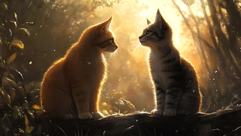 Two Kittens Bathed in Golden Forest Sunlight