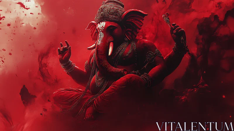 Crimson digital rendering of seated Ganesha with ornate jewelry
