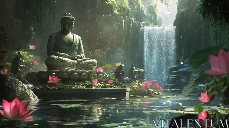 Buddha stone monument in volumetric-lit waterfall grotto.
