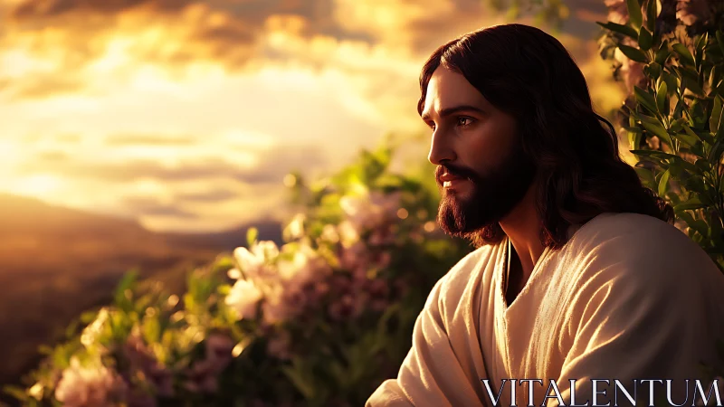 Sunlit robed figure in contemplative profile amid floral foliage.