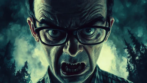 Fierce forest vampire glares ahead in eerie moonlit fog