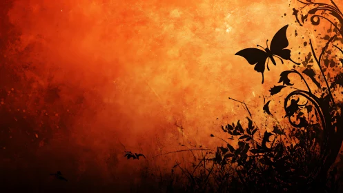 Silhouette butterflies dance over a fiery orange grunge sky