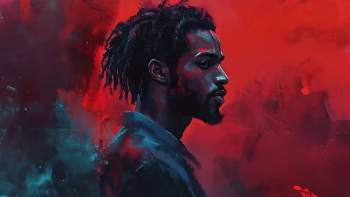 Side profile portrait of man in bold red blue lighting.