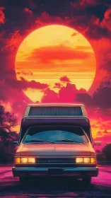 Retro camper van under oversized sunset sky panorama.