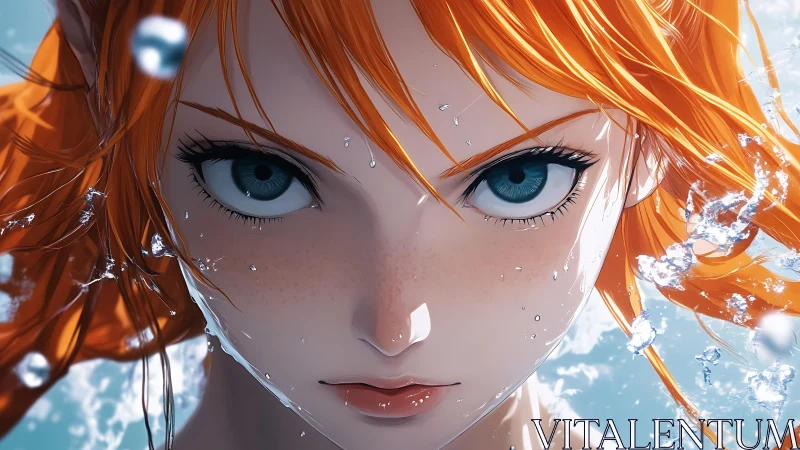 Fiery haired anime swimmer emerging through crystal water.