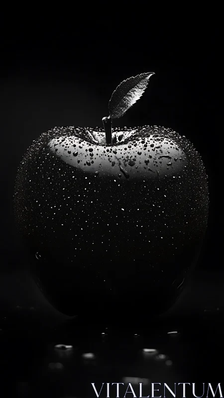 Monochrome macro photograph of wet black apple on dark field