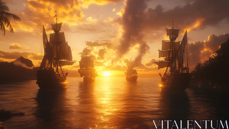 Golden tides escort tall ships through a molten sunset