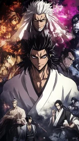 Layered anime character montage with dynamic lighting and fiery nebula