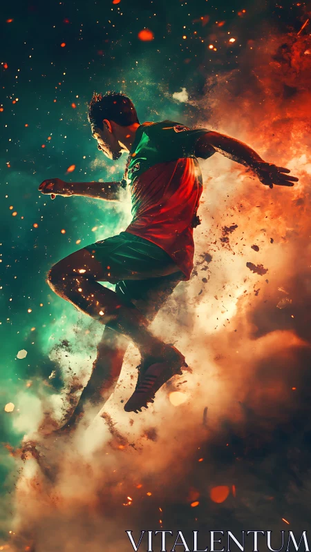 Dynamic footballer suspended in explosive bicolor energy field