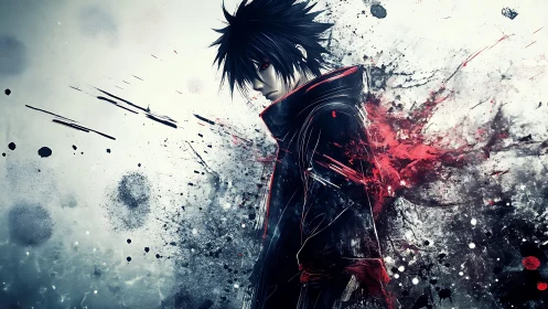 Brooding dark-haired warrior in explosive ink splatter field.