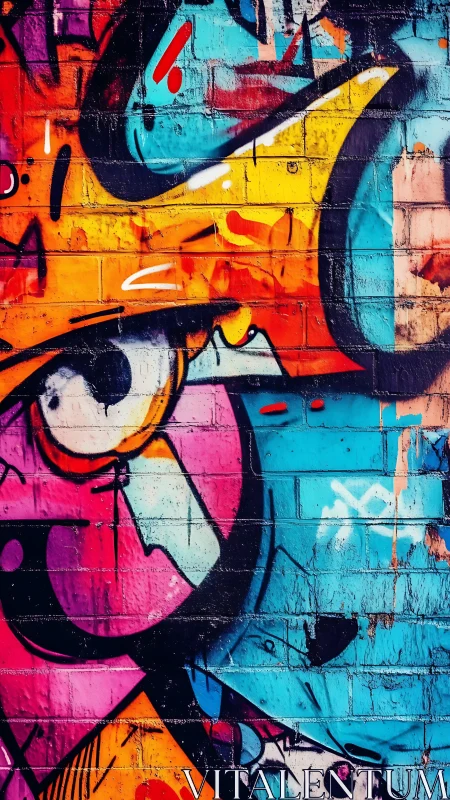 Graffiti close-up on brick wall with dynamic chromatic geometry.