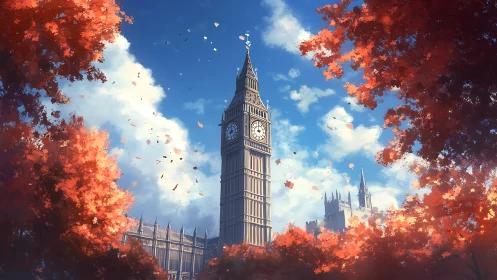 Clock tower framed by autumn trees under clear blue sky
