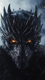 Dragon face fills frame with glowing eyes and sharp horns