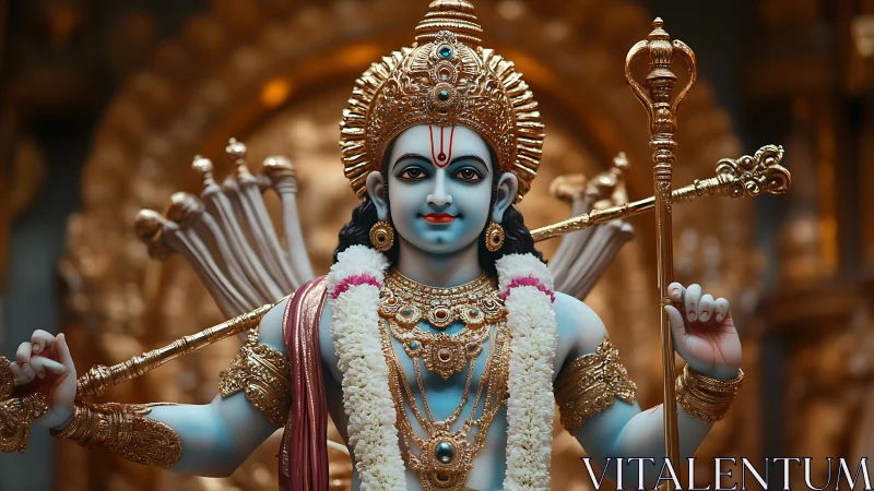 Blue-skinned deity statue holds bow before golden shrine