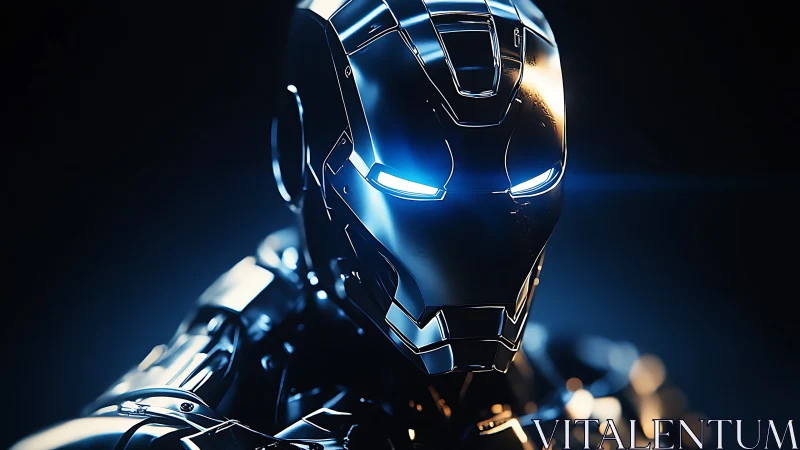 Futuristic metallic humanoid helmet displays illuminated eye slits