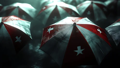 Gleaming red star umbrellas glow softly in the rainy night
