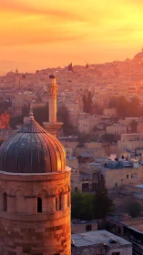 Photorealistic domed minaret against layered desert city sunset.