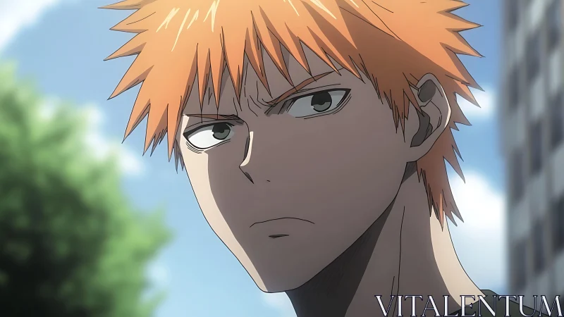 Orange-haired anime rebel studies the city with stormy calm.