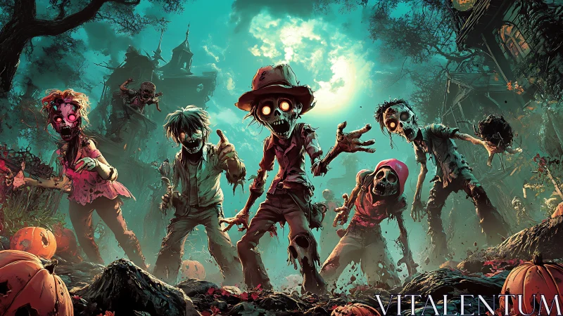 Group of cartoon zombies in night graveyard setting.