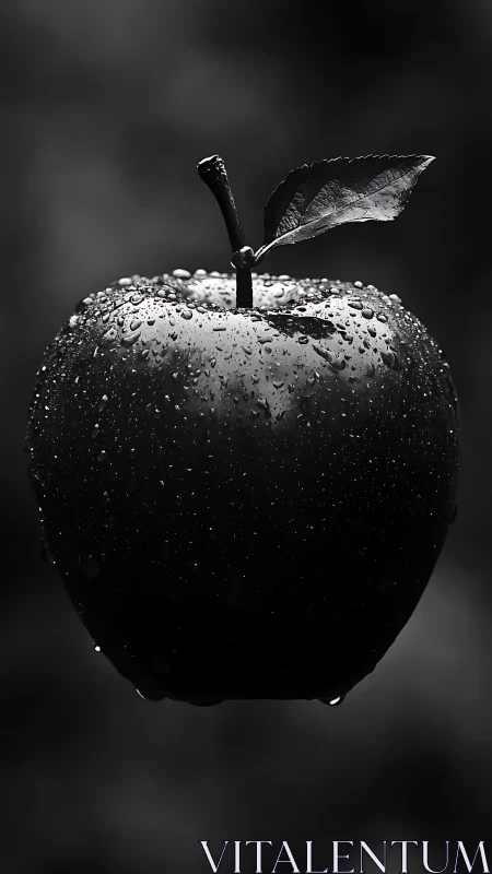 Nocturne apple gleaming with silver raindrop constellations.
