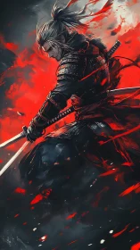 Kinetic dual-blade ronin in red-saturated digital turbulence.