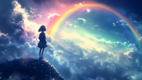 Backlit anime silhouette observing spectral sky arc phenomenon.