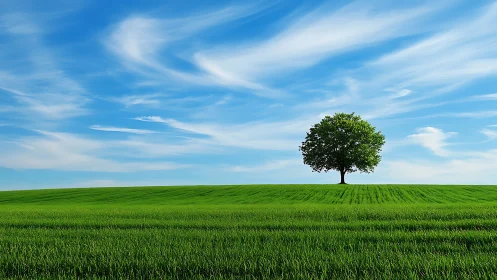 Isolated deciduous tree on stratified green field horizon.