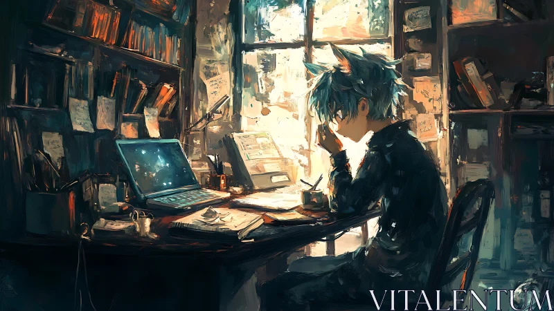 Digital painting study of solitary anime writer at dusk workspace.