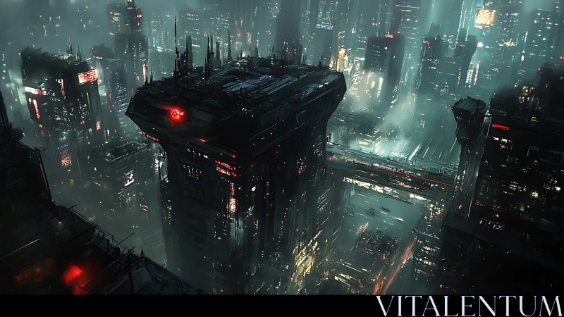 Cyberpunk megastructure skyline with neon transit bridges.