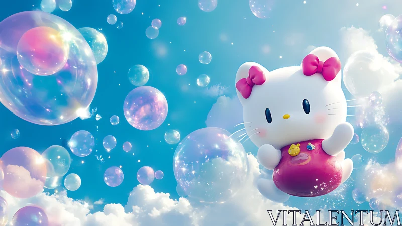 Playful kitty drifts through sky of sparkling pastel bubbles.