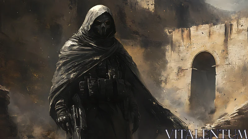 Hooded tactical operative stands before blasted stone tunnel in ruins