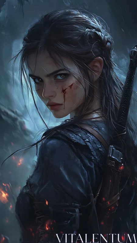 Scarred warrior turns in the embers of a dark, stormy night.