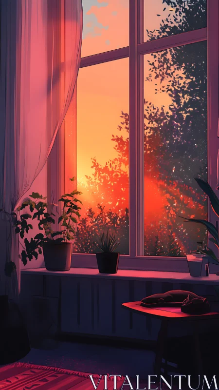 Soft sunset window nook washed in dreamy evening light.