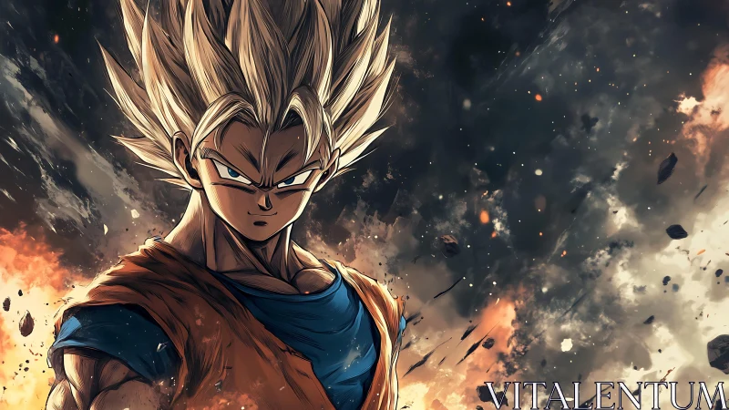 Super saiyan warrior ignites sky with explosive cosmic fury.