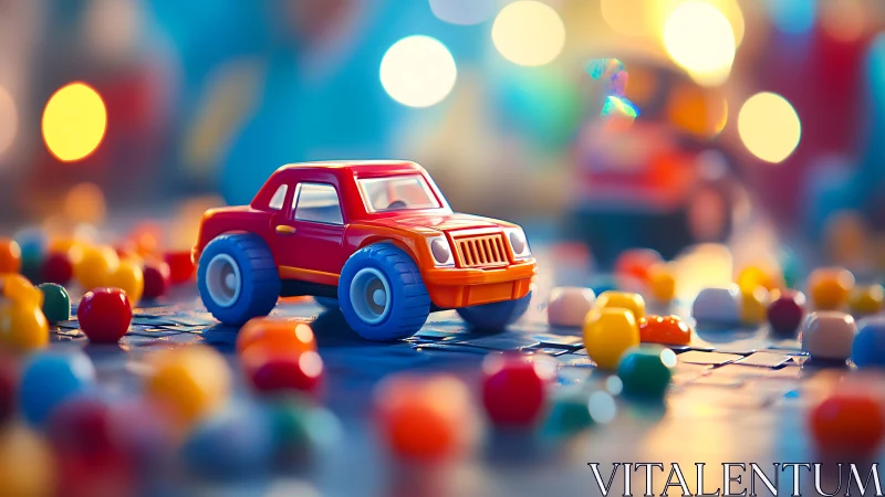 Red Toy Truck Surrounded by Colorful Spheres in Bokeh Environment