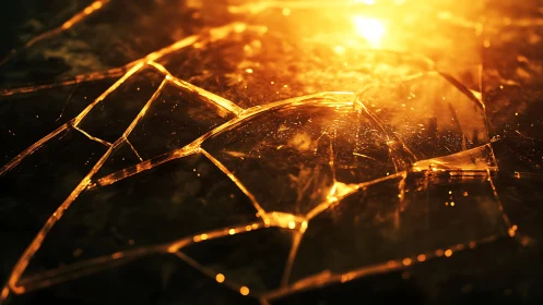 Shattered glass surface under intense warm backlight.