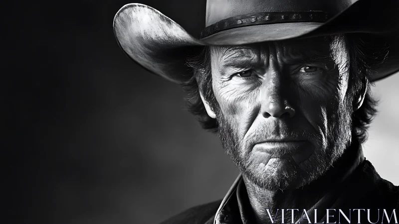Monochrome close portrait shows older man in cowboy hat
