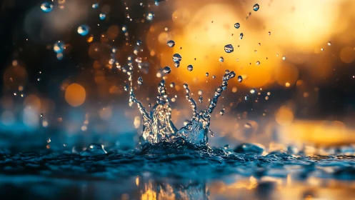 Water splash macro with sharp droplets at sunset light.