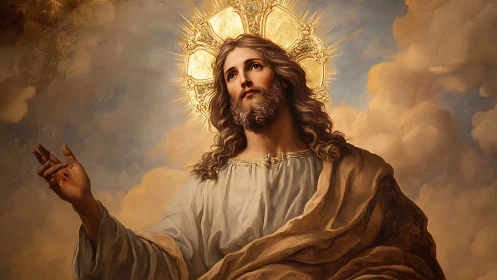Religious figure with halo in cloud-filled sky setting.