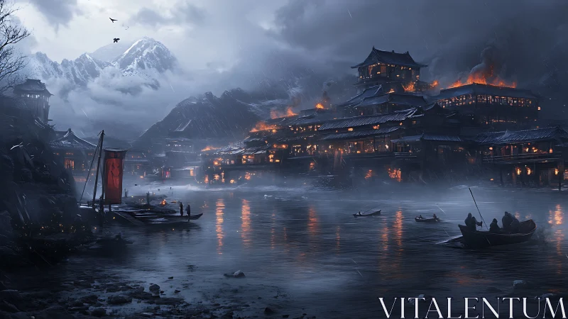 Burning riverside fortress under stormy mountain night