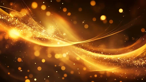 Abstract golden light waves with glowing sparkles, digital art.